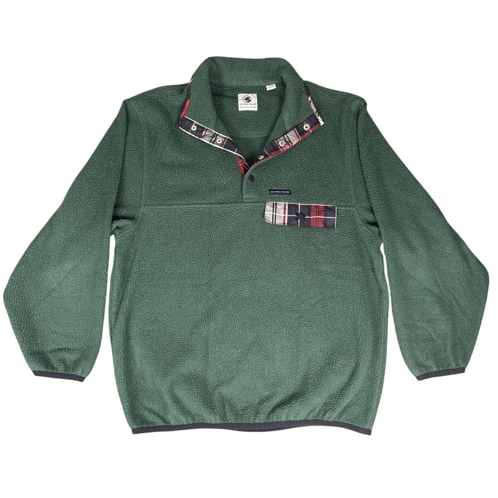 Southern Proper‎ Mens Green Plaid Trim Quarter Snap Fleece Pullover Small